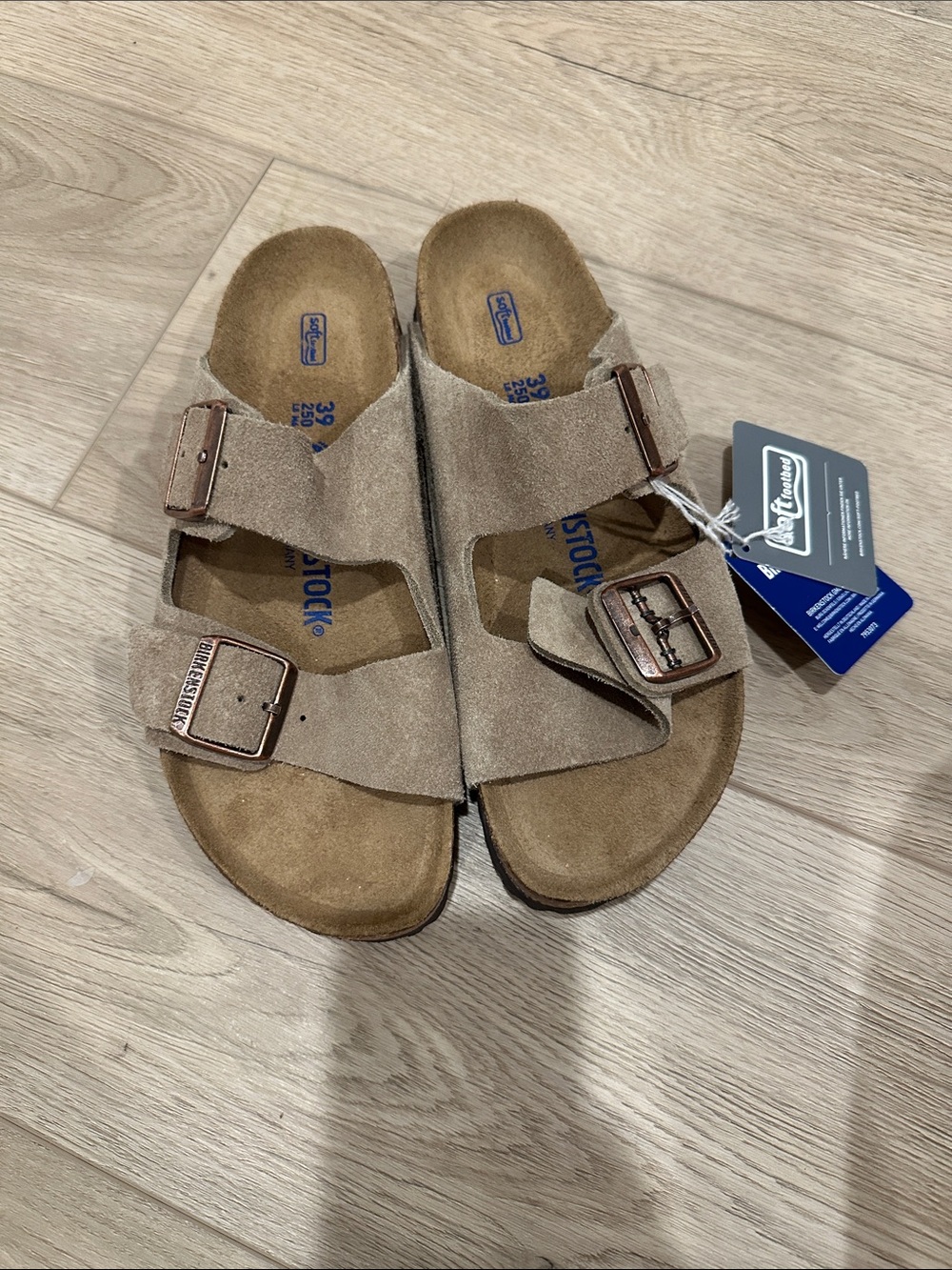 Birkenstock Taupe Arizona Suede Two-Strap Buckle Sandals